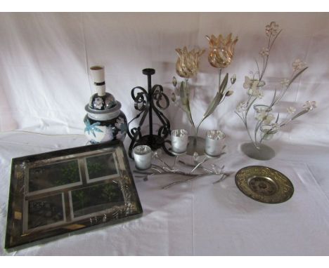 A selection of items to include a table lamp and metal candle holders etc