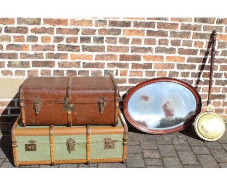 "The Bag Stores Leicester &amp; Northampton" vintage trunk with internal tray &amp; 1 other trunk, oval wall mirror &amp; bra