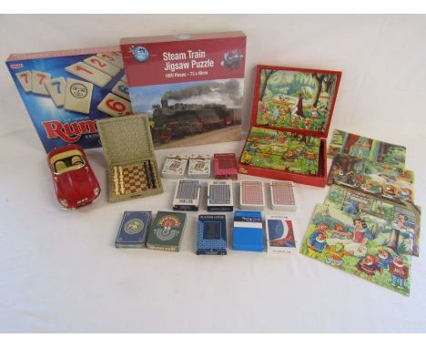 Collection of toys to include vintage blocks, Burago Jaguar E car, travel chess set and selection of new playing cards