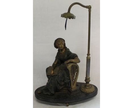 Late 19th century / early 20th century French classical spelter lady with harp adjustable lamp, 35cm w, 50cm h
