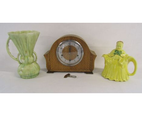 Chiming mantel clock, made in England with key, 'Little old lady' teapot H.J Wood and a Beswick vase style 394