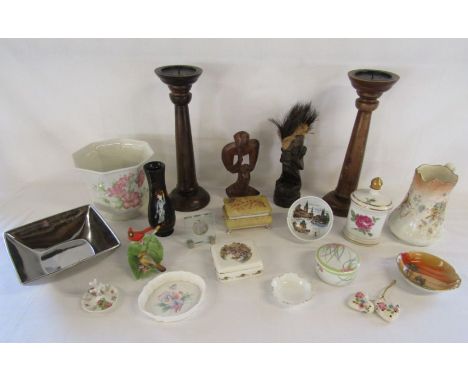 Collection of ornamental items to include wooden candle holders, Chinese style inlaid vase, Sevres jug, Noritake dish etc