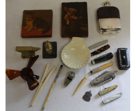 Selection of pen / pocket knives, folding fan, hip flask, papier mache snuff box etc.