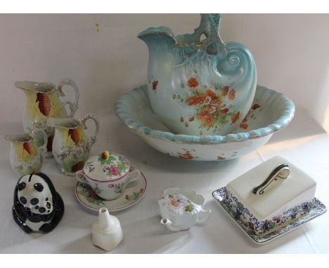 Late Victorian Nautilus jug &amp; bowl, sweet corn jug trio, Copeland Spode chocolate cup and saucer, feeding cup, nutbrown p