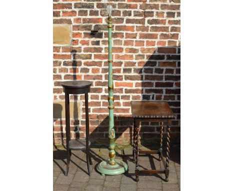 Lacquered standard lamp with Oriental decoration, Edwardian plant stand &amp; an occasional gate leg table with barley twist 