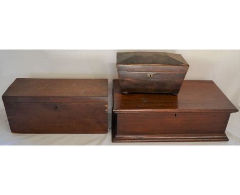 2 Victorian wooden boxes (largest L 50cm D 27cm) &amp; a tea caddy for restoration