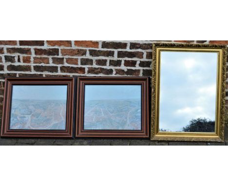 Gilt frame wall mirror &amp; 2 framed prints of Brown's panorama of Louth and an oval mirror