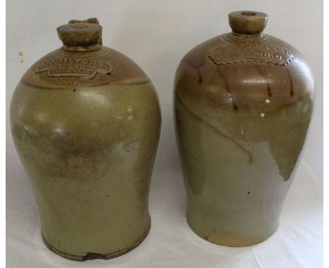 2 Lincolnshire 2 gallon stoneware flagons- Hildyard Brigg with loop handle &amp; R Fretwell Gainsboro (Gainsborough) both wit