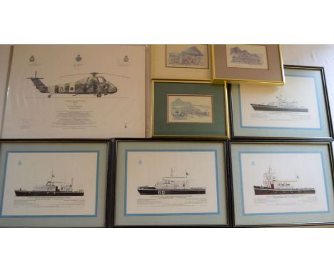 4 framed prints of Hong Kong Police Force launches, framed limited edition print of RAF Westlands Wessex helicopter signed by