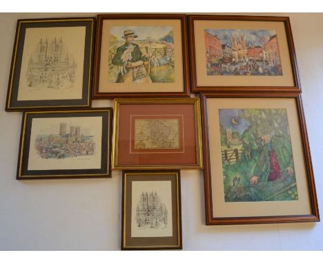 3 Colin Carr framed prints, small 17th/18th century map of Lincolnshire &amp; 3 prints of Lincoln cathedral&nbsp;