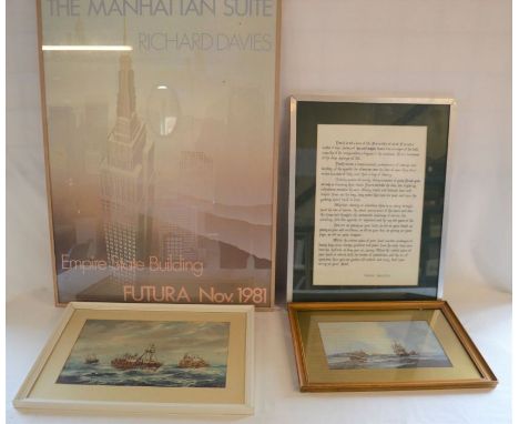 2 framed seascape prints, framed poster of the Empire State Building &amp; a Douglas MacArthur quote