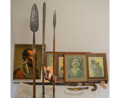 African tribal collection - 2 Maasai double&nbsp; ended hunting spears, Maasai boys spear, round headed chieftain's pike, wal