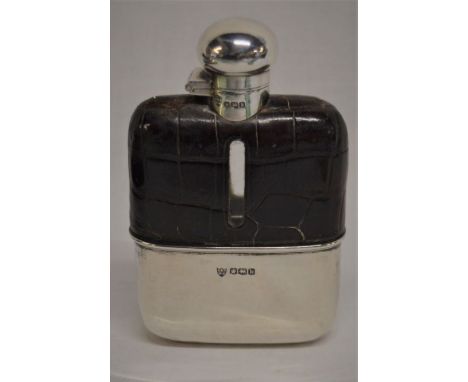 Silver, glass &amp; leather clad hip flask Sheffield 1927 maker G &amp; J W Hawksley 12.5cm by 8cm - damage to glass that has