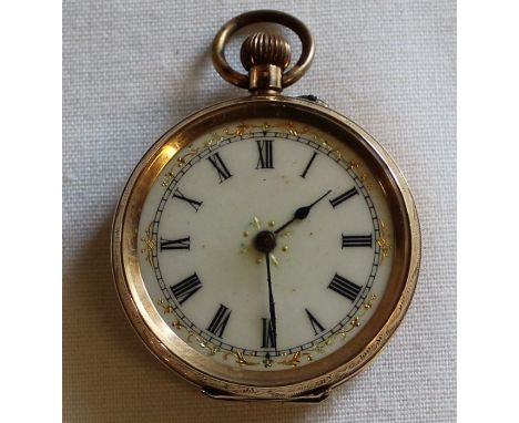19th century 14k cased fob watch with decorative engraved casework &amp; enamel dial