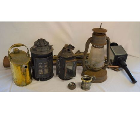 Pair of horse hames, coaching horn, carriage lamp &amp; 3 other lamps, brass watering can, pewter gill measure &amp; a filigr