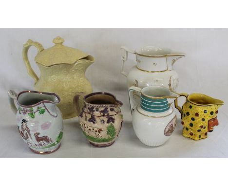 Large 19th century Don pottery creamware floral moulded lidded jug 26.5cm high (cracked), large 19th century white jug with g