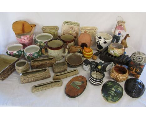 Two Doulton style stoneware tygs (af), ceramic plaques, Willstonia and other planters etc