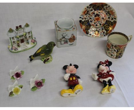 Crown Derby hand painted tea cup &amp; saucer, Coalport twin towers model, Beswick green finch, Disney Malaysia Mickey &amp; 