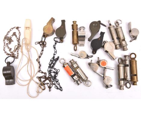 21 various whistles, mostly WWII military: 3 Air Ministry marked dinghy whistles; 8 “Metropolitan” type with broad arrow over