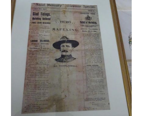A Boer War Souvenir News-sheet celebrating the Relief of Mafeking,  headed “Natal Mercury Souvenir Special” and “May 19th, 19