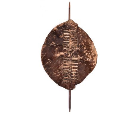 A rare Swazi cowhide fighting shield of Zulu War period, brown in colour, 28" x 22½”, complete with stick 46". GC (some wear 
