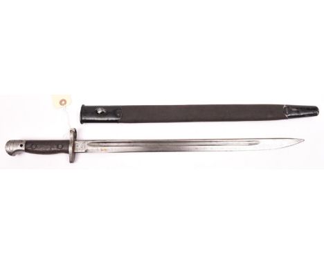A 1907 pattern SMLE bayonet, issue marks for May 1918, blade 17" with crown and “WILKINSON”, pommel oil hole; in its leather 