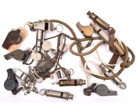 20 various whistles, mostly WWII military: 4 Air Ministry marked dinghy whistles; 7 “Metropolitan” type with broad arrow over