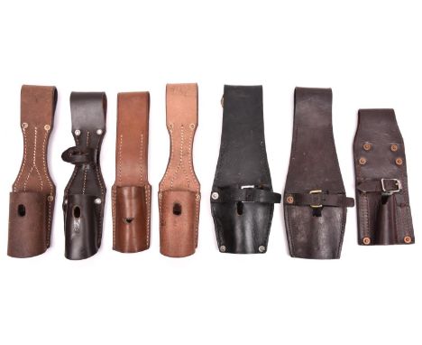7 post WWII leather bayonet frogs; including one with German maker’s rubber stamp; one by Hobson &amp; Sons 1960; one stamped