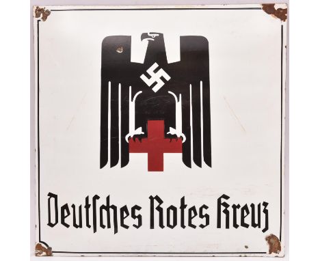 A black and red on white enamelled sign, bearing Third Reich Red Cross eagle above “Deutsches Rotes Kreuz”, 20" x 20" (enamel