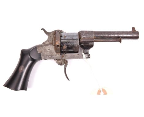 A French 6 shot 7mm Lefaucheux double action pinfire revolver c 1865, number 9741 next to “LF” mark, round barrel with octago