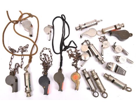 21 various whistles, mostly WWII military: 3 Air Ministry marked dinghy whistles; 7 “Metropolitan” type with broad arrow over