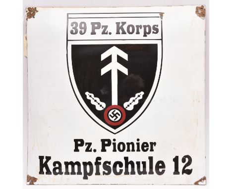 A black on white enamelled sign, bearing shield badge of “39 Pz Korps” and “Pz Pionier Kampfschule 12”, 20" x 20", GC (enamel