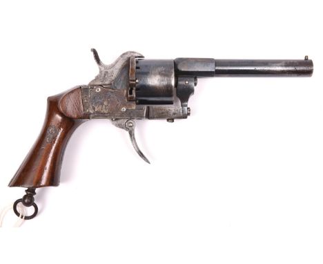 A French 6 shot 7mm double action pinfire revolver, c 1860, round barrel 95mm, no visible markings, the frame only engraved w