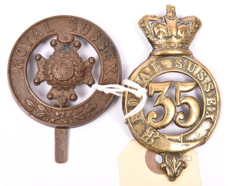 A pre 1881 OR’s glengarry badge of the 35th (Royal Sussex) Regiment, generally GC (some wear, one lug missing); also a post 1