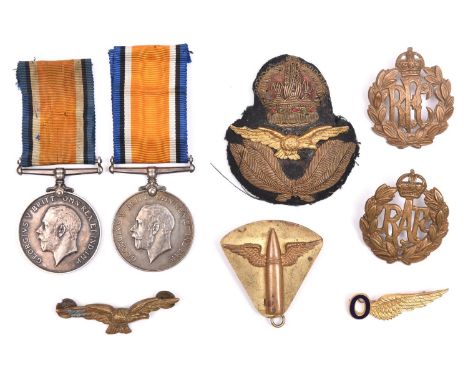 2 1914-18 British War Medals (to E.C. Shipley, AM1 RNAS, and 2AM W G Langer, RAF); an early RAF officer’s cap badge; officer’