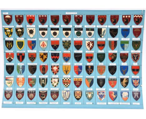 84 different South African army plastic covered shield shoulder flashes, with spike and clasp fittings, identified and mounte