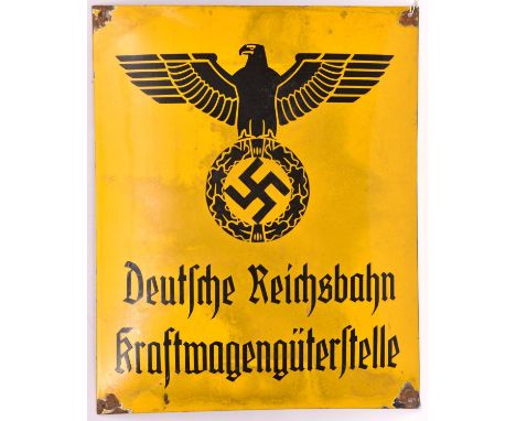 A black on yellow enamelled sign, bearing Third Reich eagle above “Deutsche Reichbahn Kraft-wagenguterstelle”, 17" x 21". GC 