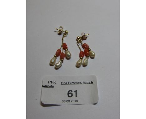 9ct Gold/Yellow Metal, Pearl and Coral Drop Earrings