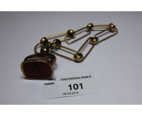 19thC gold coloured metal carnelian seal (A/F) with gold coloured metal chain