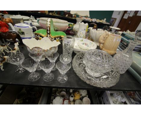 Cut glass rose bowl, fruit bowl, decanter with glasses and vase