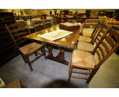 Oak Double Leg Refectory Table by Chapmans Siesta of Carlisle with 8 Ladder Back Chairs. Table 72 inches x 34 inches