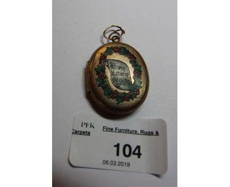 Victorian gold coloured metal locket, face enamelled 'Happy Returns of The Day'