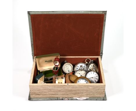A box in the form of a book with a painted mirror front, containing an assortment of items including a 9ct gold ring in a rin
