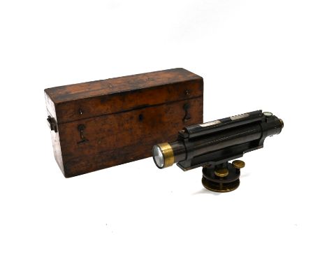 Early 20th Century Adie of London Brass Theodolite in fitted wooden case. Box: W 34cm, D 11cm, H 16.5cm