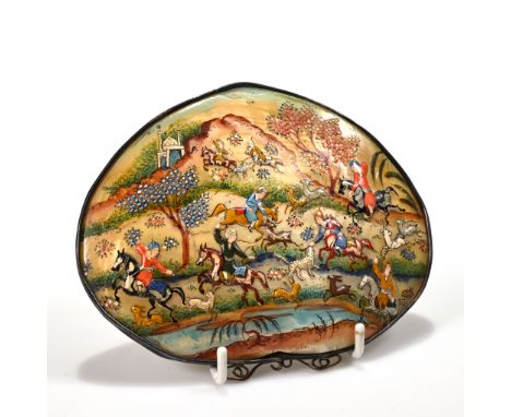 Persian School, 19th Century - Deer Hunt. Mother of Pearl Shell, with appliqu&eacute; relief work in a metal mount, probably 
