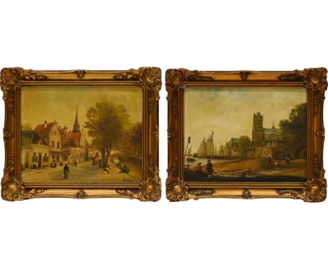 K. de Jong (Dutch 20th Century) - A Dutch Harbour Scene with a Cathedral; and a Dutch Townscape with a Canal (A Pair), oil on