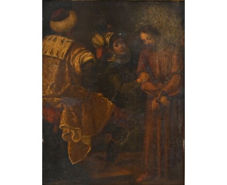 Italian School, 17th Century - Christ before Caiaphas.&nbsp;Oil on copper, 31cm x 25.5cm, in a gilt frame with beading motif 