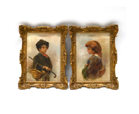 After Guido Bach (1828-1905) - A young Girl and Boy from the Roman Campagna. Oil on canvas, framed, each 35.7cm x 25.7cm (14"