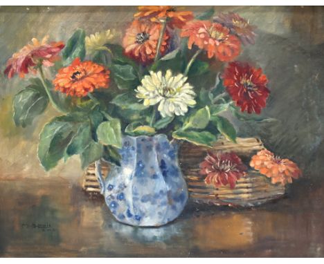 British 20th Century School: M.P. Lewis - Vase of Flowers on a Table. Oil on canvas, signed and inscribed &lsquo;M.P. Lewis /