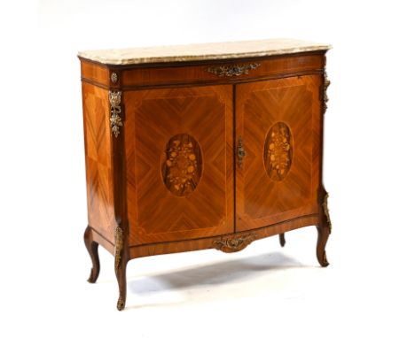 A French bow front Marble top cocktail cabinet c1950's. Kingwood body with floral marquetry panels to doors and single drawer